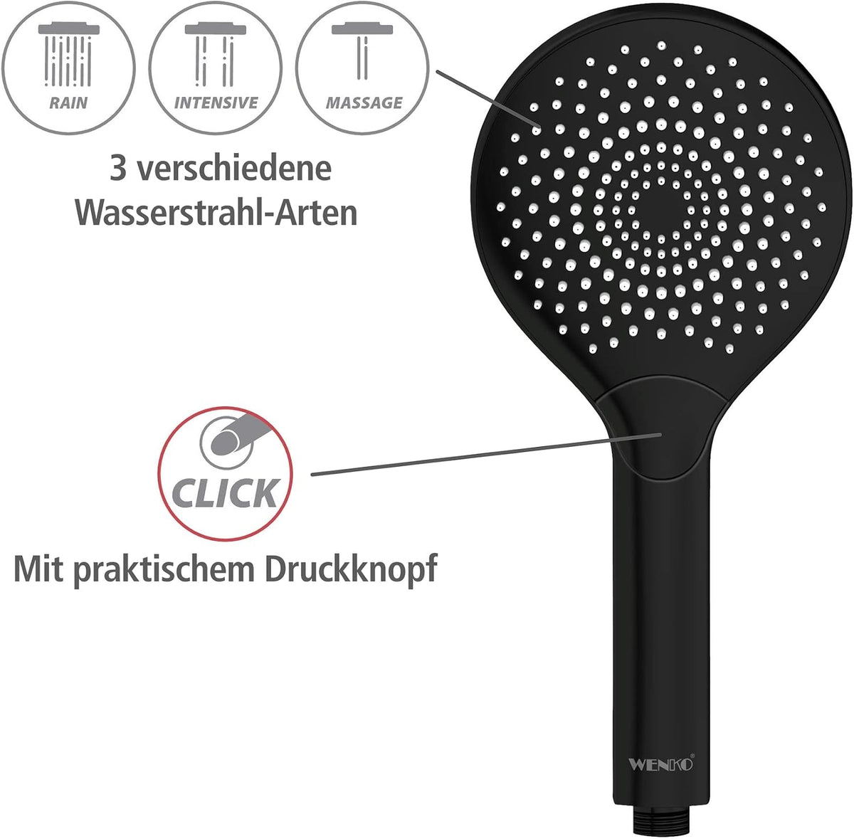 Watersaving Shower Head Matte Black Universal with Water Saving System and 3 Jets