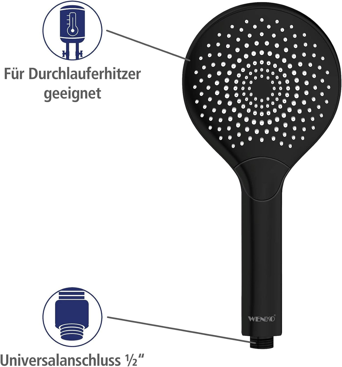 Watersaving Shower Head Matte Black Universal with Water Saving System and 3 Jets