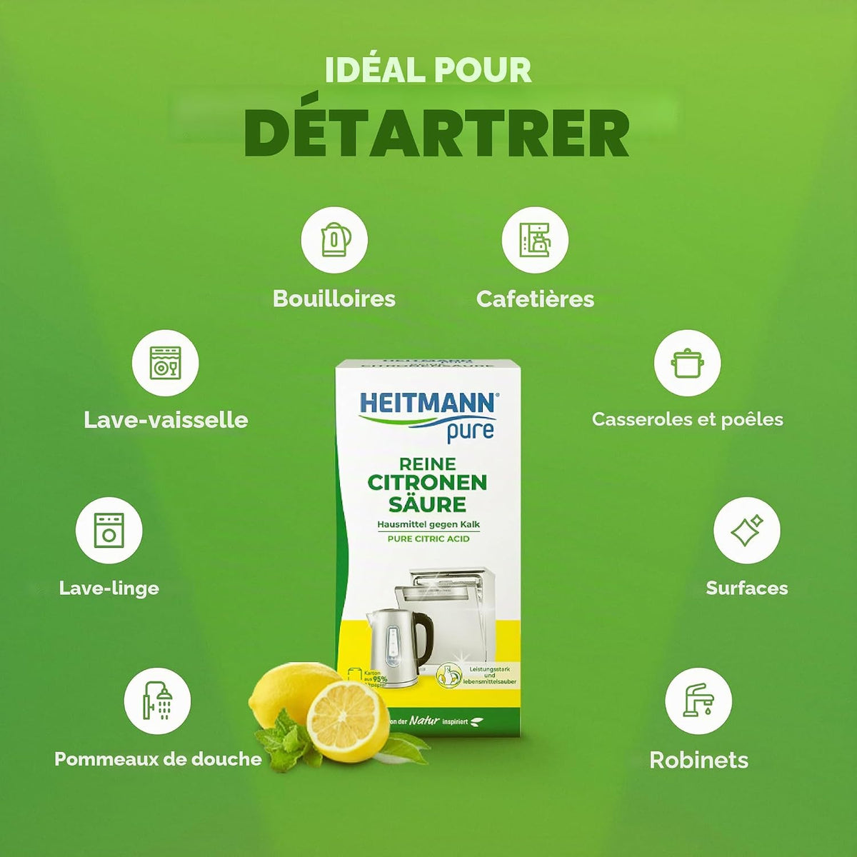 HEITMANN pure Pure Citric Acid: Organic Eco Descaler Powder, 1 x 350g