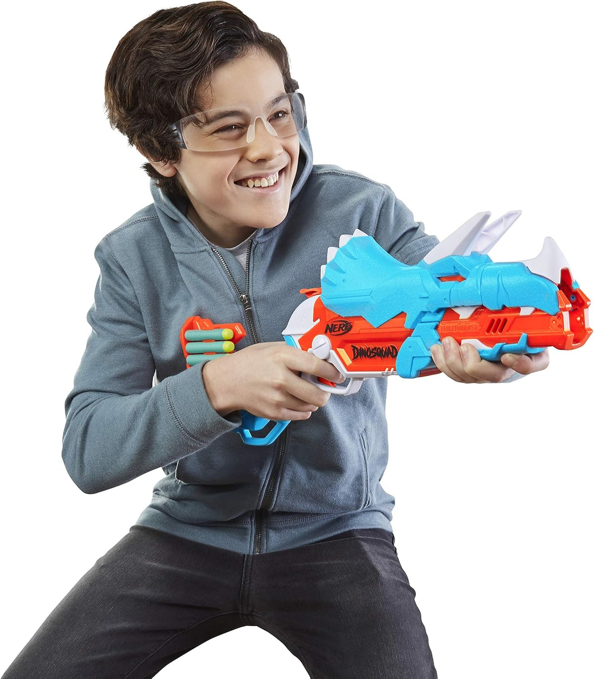 Nerf DinoSquad Tricera-Blast - Dinosaur Toy - Nerf Dart Blaster - Outdoor Game and Gift Idea for Children 8 Years Boy and Girl - Triceratops Design - Multicoloured