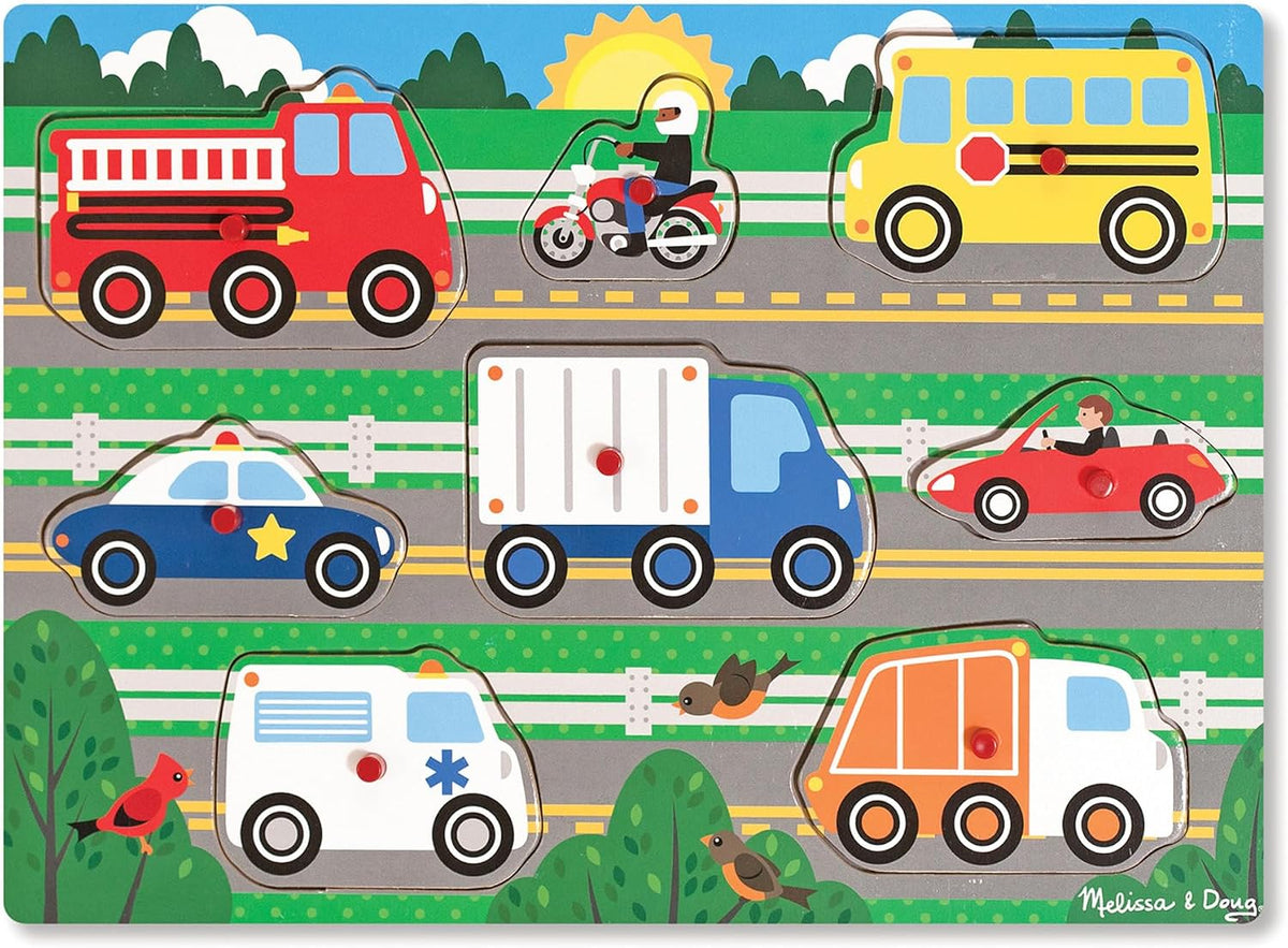 Melissa & Doug – Vehicles Puzzle with 8 Buttons – Children's Puzzle – Wooden Toy – Early Learning Game – Educational Development and Creative Toy – Gift for Children 2 Years and Above