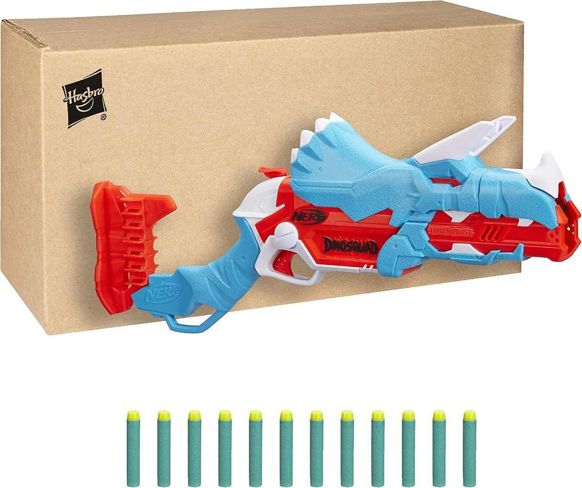 Nerf DinoSquad Tricera-Blast - Dinosaur Toy - Nerf Dart Blaster - Outdoor Game and Gift Idea for Children 8 Years Boy and Girl - Triceratops Design - Multicoloured