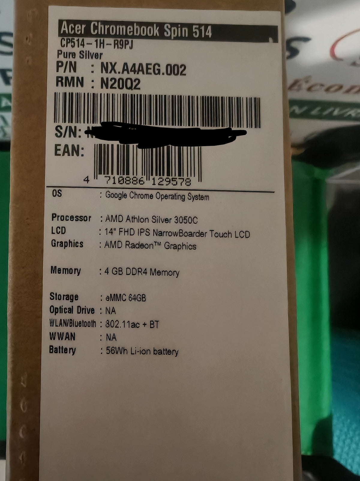 Étiquette Acer Chromebook Spin 514 CP514-1H-R9PJ : caractéristiques