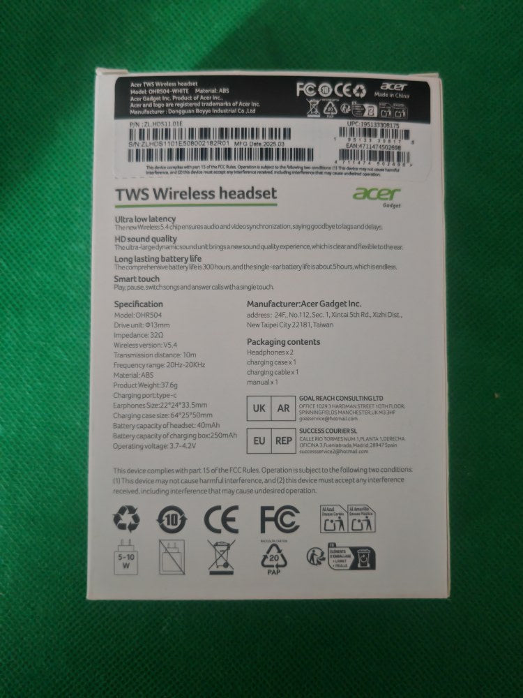 Dos de la boîte Acer OHR504 : caractéristiques et contenu