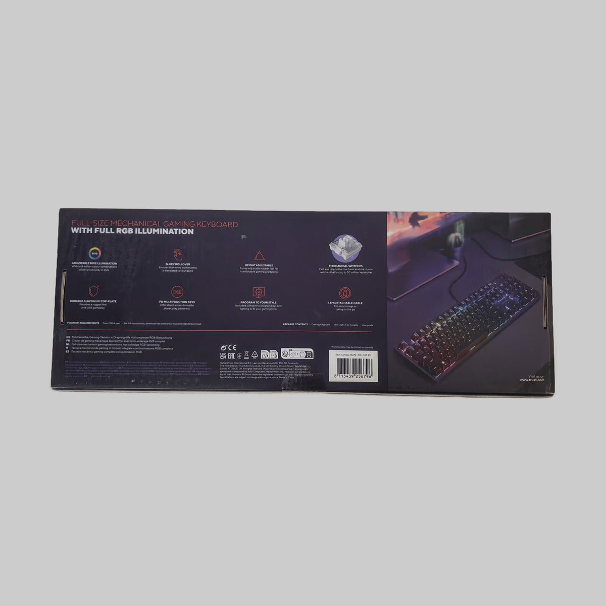 Dos de la boîte du clavier Trust GXT 871 Zora : caractéristiques