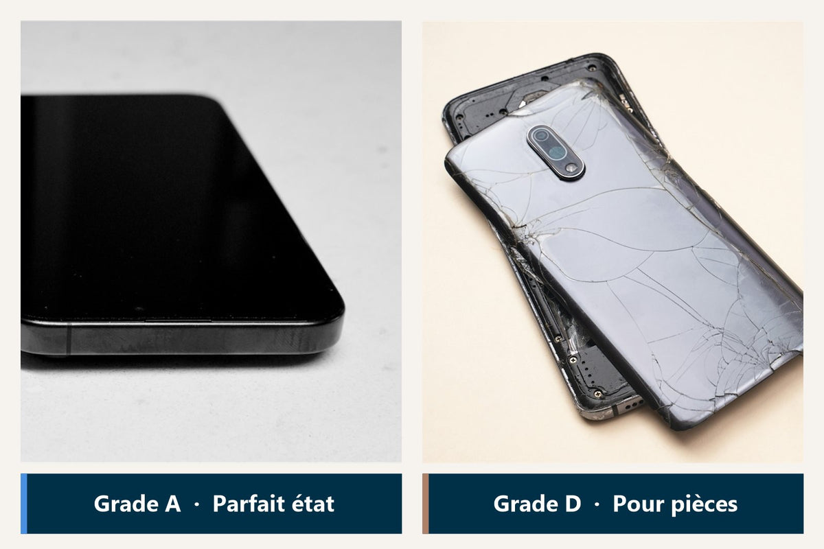 Deux smartphones : l'un en parfait état (grade A), l'autre fissuré, pour pièces (grade D)