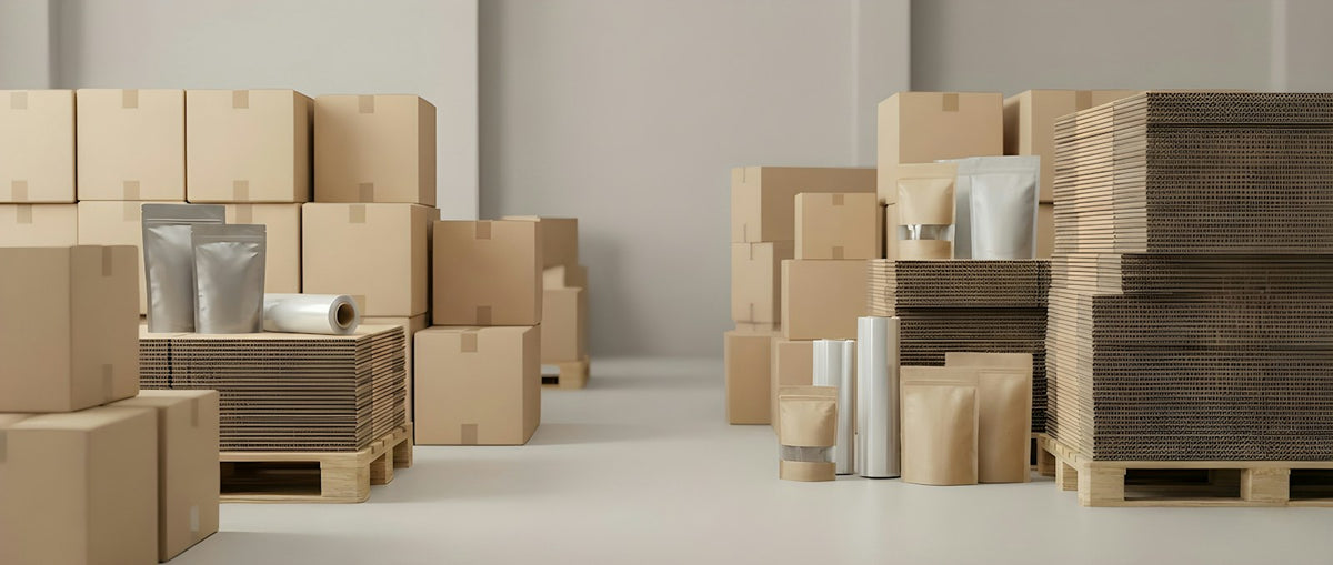 Cartons d'invendus sur palettes dans un entrepôt