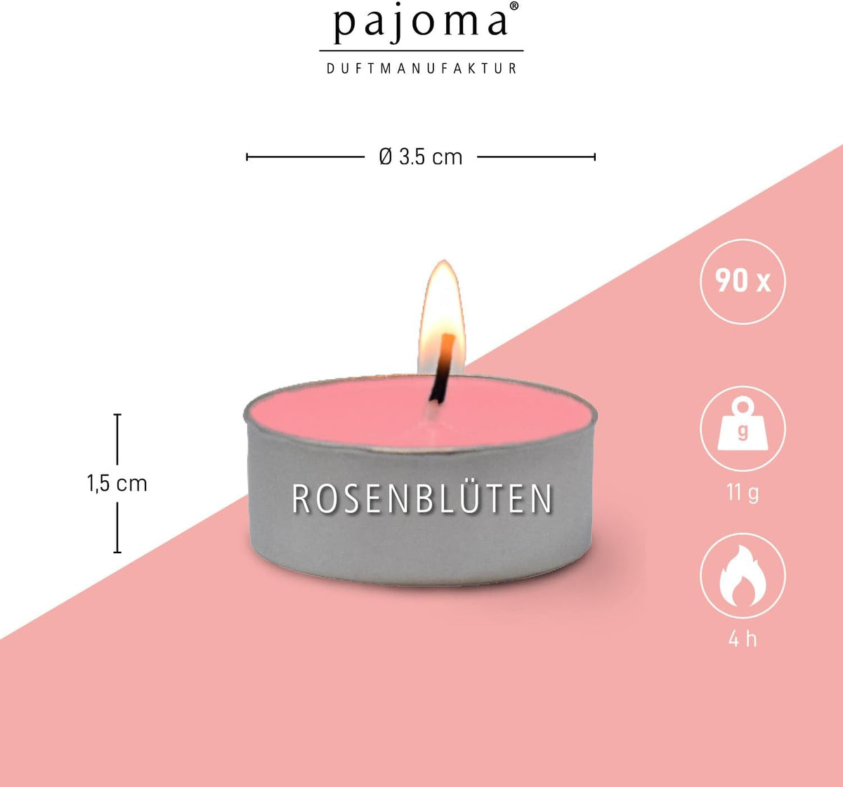 pajoma® 6pajoma® 3 x Tea Lights 90 Scented Tea Lights in Aluminium Shell Burn Time Approx. 4 Hours Height 1.5 cm Diameter 3.5 cm Quality