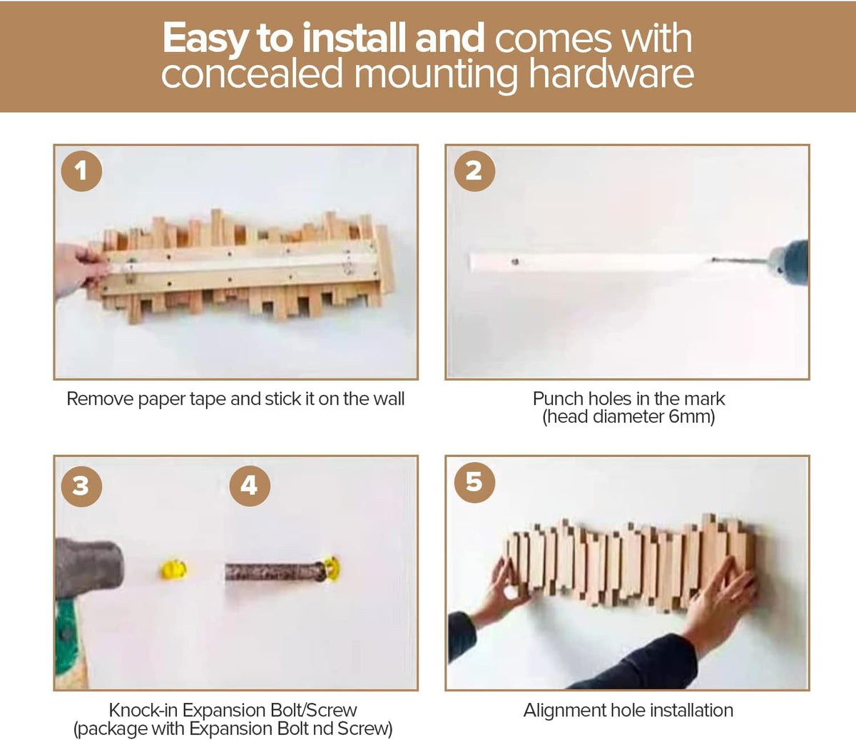 edihome, Coat Hooks Wall Mounted, 100% Natural Wood, Decorative, Innovative, Wooden, Heavy Duty, Stylish, Fixings Included, 5 Hooks Design, Clothes, Hat (Light Brown)