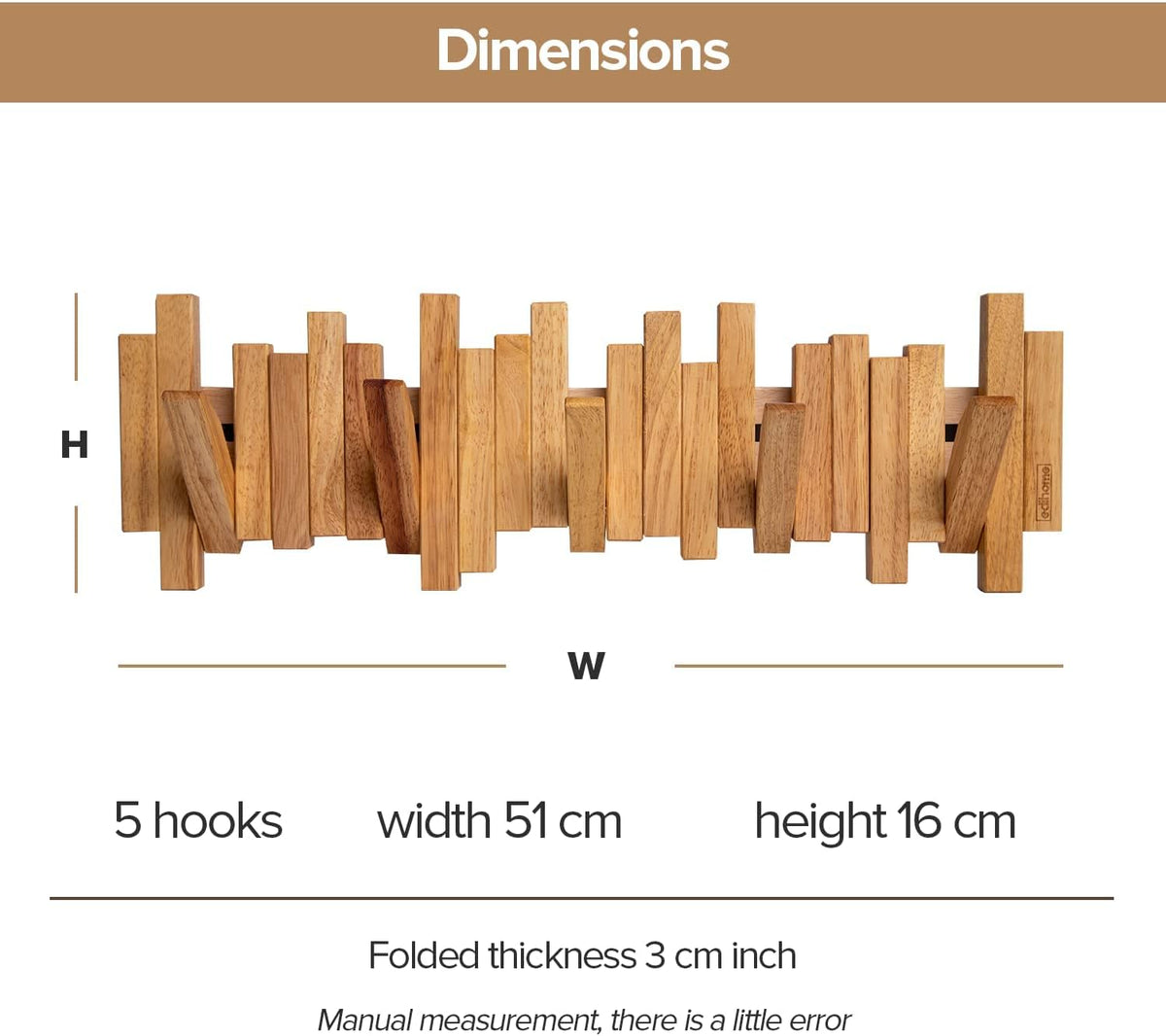 edihome, Coat Hooks Wall Mounted, 100% Natural Wood, Decorative, Innovative, Wooden, Heavy Duty, Stylish, Fixings Included, 5 Hooks Design, Clothes, Hat (Light Brown)