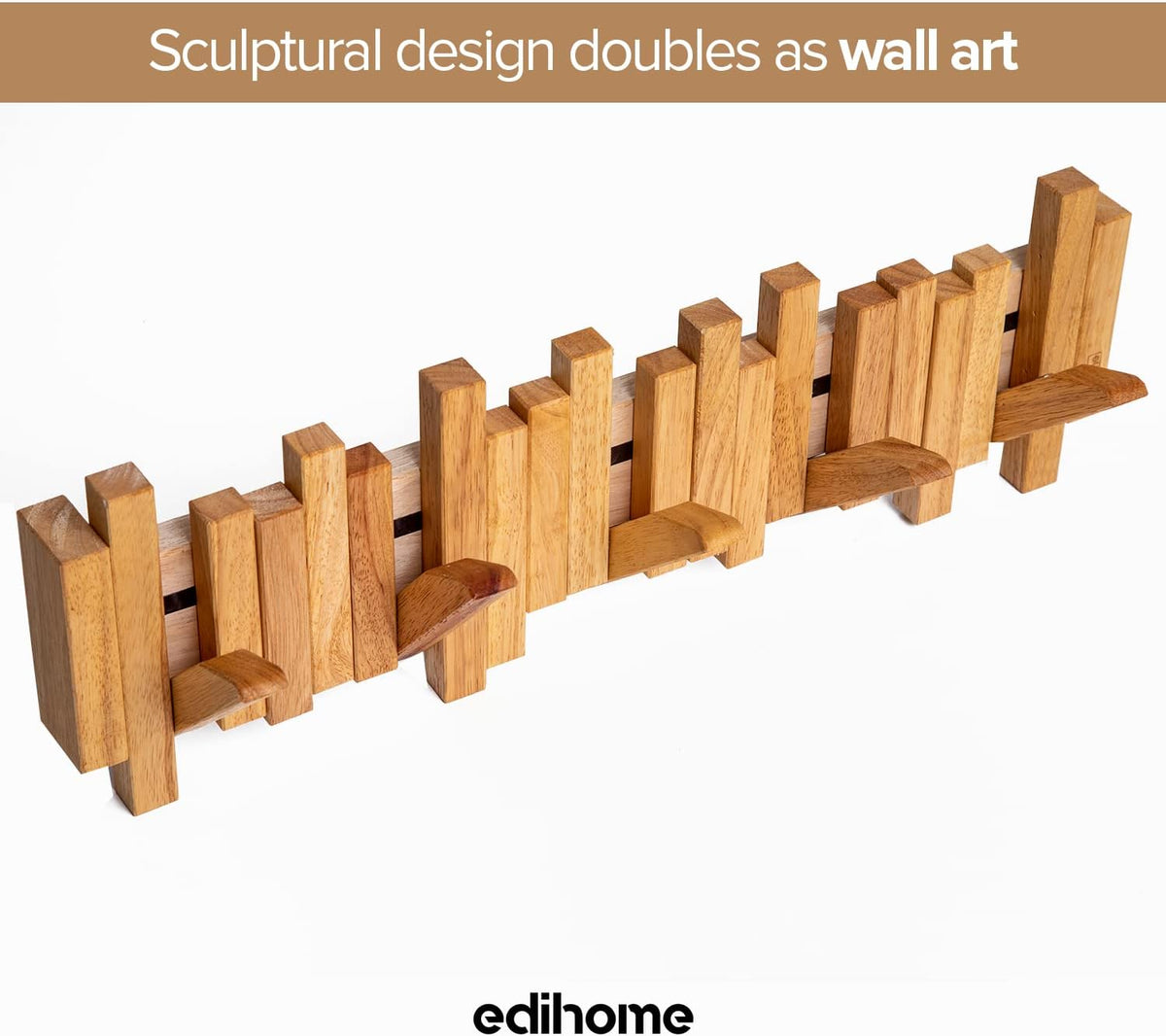 edihome, Coat Hooks Wall Mounted, 100% Natural Wood, Decorative, Innovative, Wooden, Heavy Duty, Stylish, Fixings Included, 5 Hooks Design, Clothes, Hat (Light Brown)
