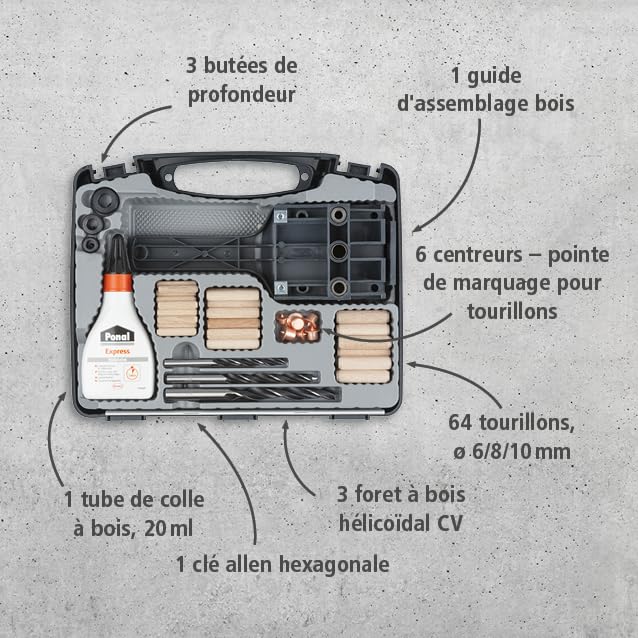 Wolfcraft coffret d'assemblage bois pour tourillons Ø 6, 8 et 10 mm