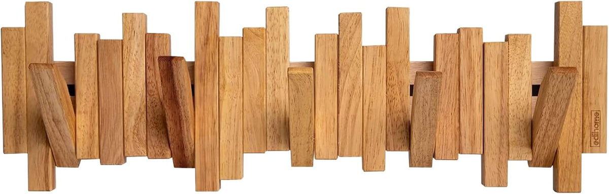 edihome, Coat Hooks Wall Mounted, 100% Natural Wood, Decorative, Innovative, Wooden, Heavy Duty, Stylish, Fixings Included, 5 Hooks Design, Clothes, Hat (Light Brown)