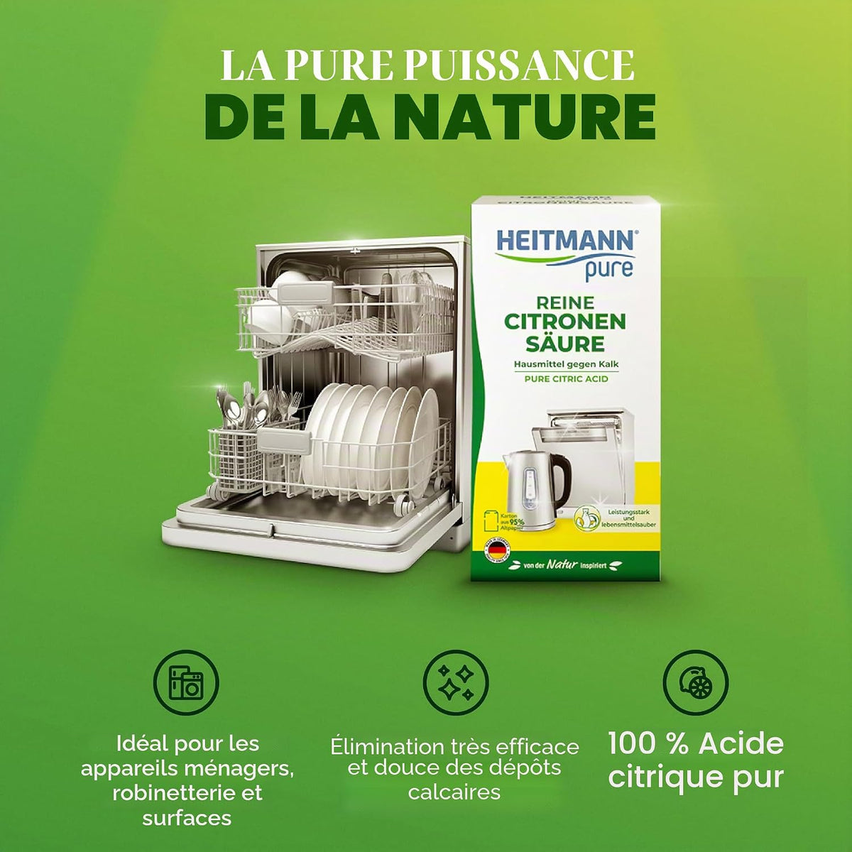 HEITMANN pure Pure Citric Acid: Organic Eco Descaler Powder, 1 x 350g