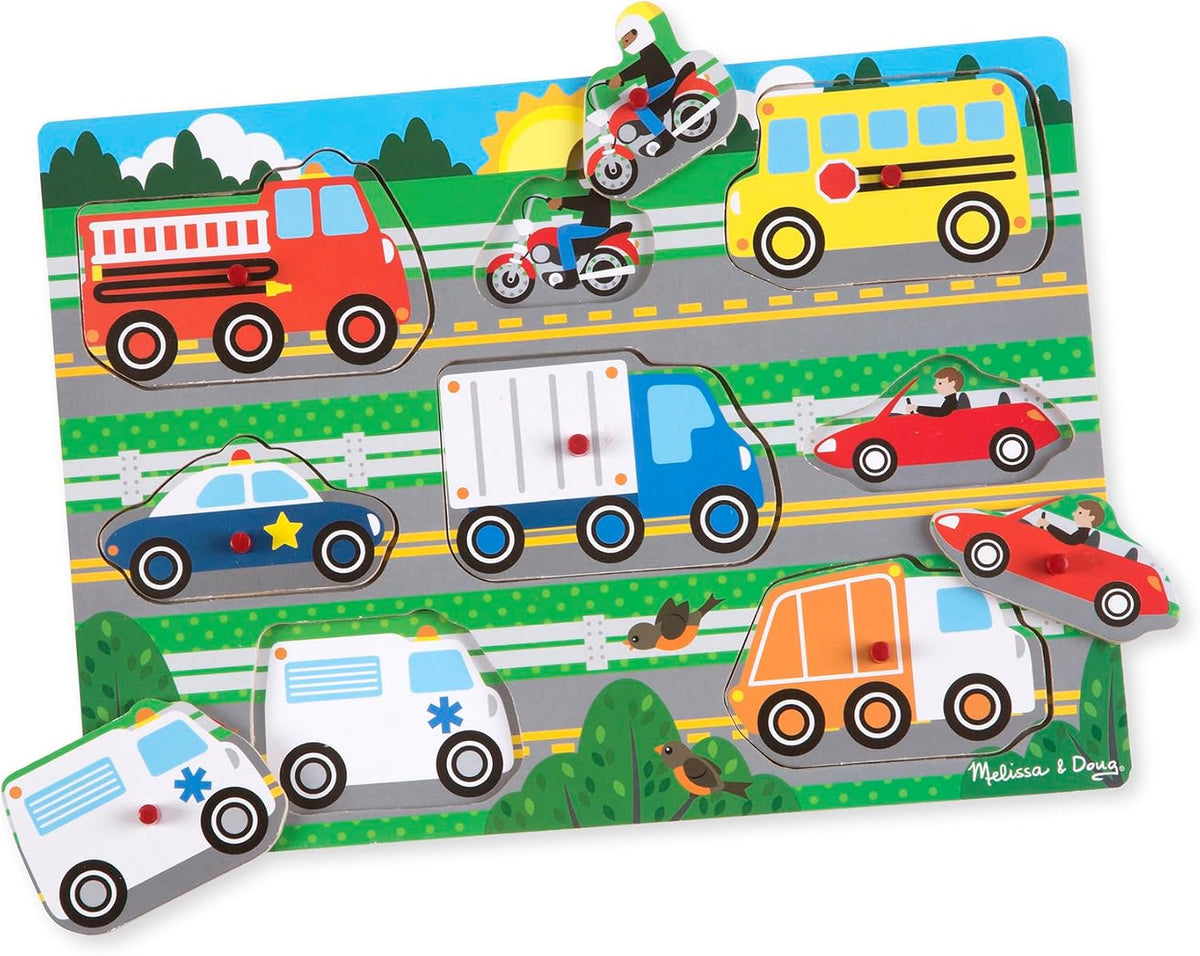 Melissa & Doug – Vehicles Puzzle with 8 Buttons – Children's Puzzle – Wooden Toy – Early Learning Game – Educational Development and Creative Toy – Gift for Children 2 Years and Above