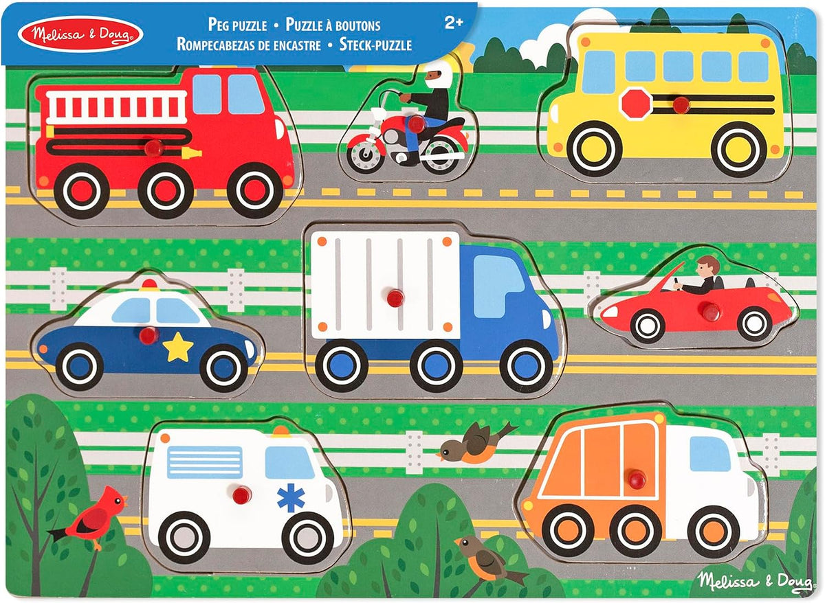 Melissa & Doug – Vehicles Puzzle with 8 Buttons – Children's Puzzle – Wooden Toy – Early Learning Game – Educational Development and Creative Toy – Gift for Children 2 Years and Above