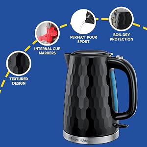 Atouts de la bouilloire : design texturé, repères de tasses, bec verseur, protection à vide