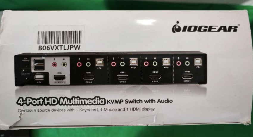 Connectique arrière du KVM IOGEAR : 4 entrées HDMI, USB et audio