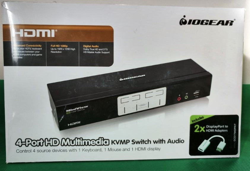 Boîte du switch KVM IOGEAR 4 ports HDMI avec adaptateurs DisplayPort