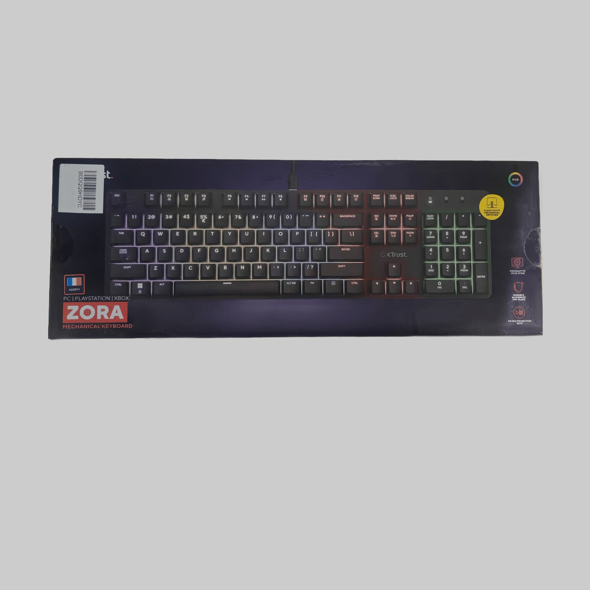 Clavier mécanique Trust GXT 871 Zora AZERTY RGB, face avant de la boîte